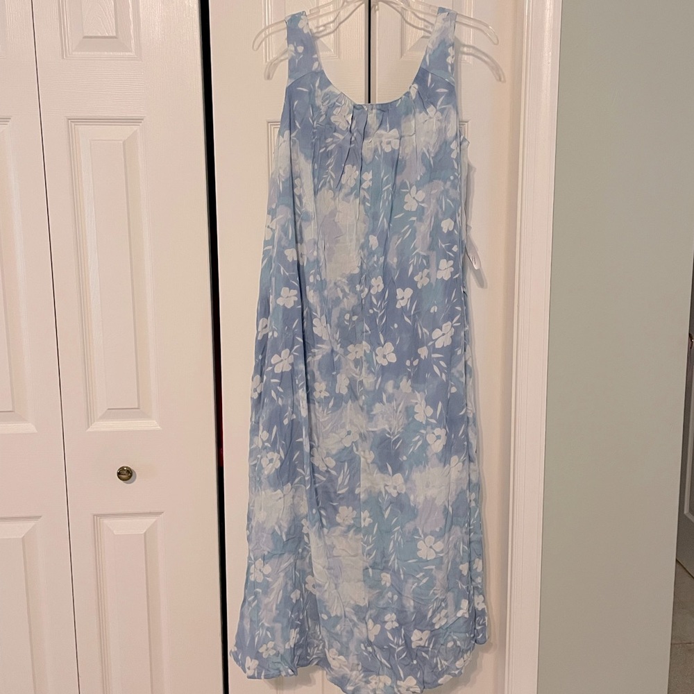 Woman Within Blue Watercolor Floral Maxi Sheath Dress w/Pockets 14/16 NWT